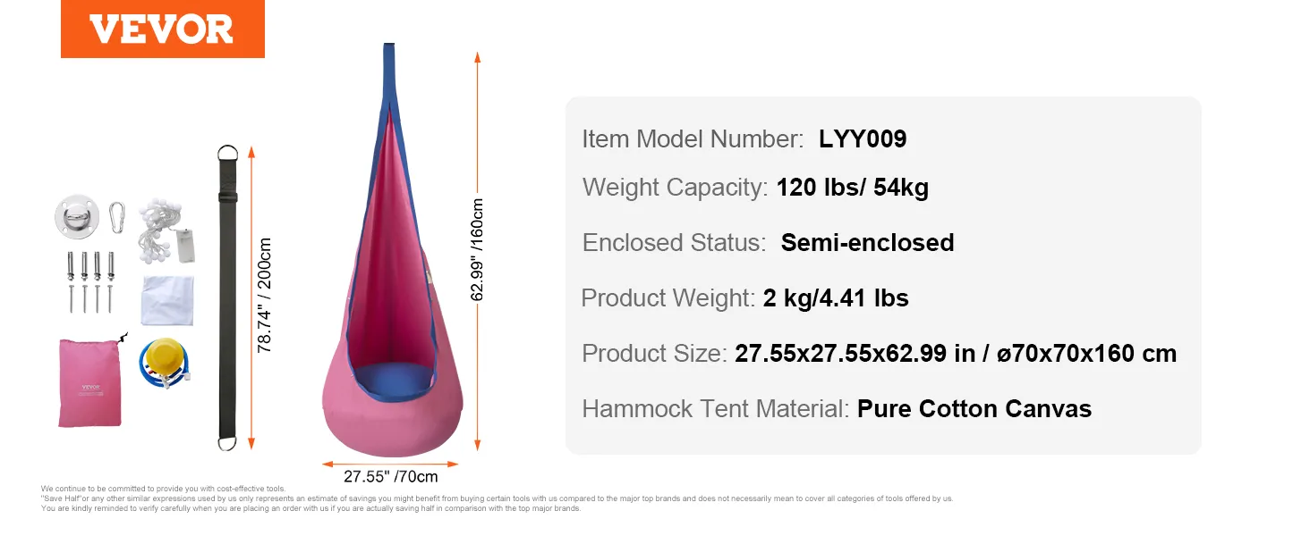 VEVOR kids pod swing seat, semi-enclosed, pure cotton canvas, 120 lbs capacity, with installation kit.