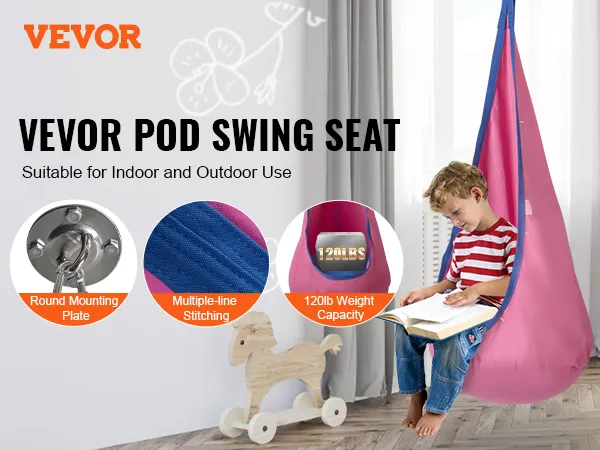 VEVOR kids pod swing seat for indoor and outdoor use, featuring 120lb weight capacity and sturdy installation.