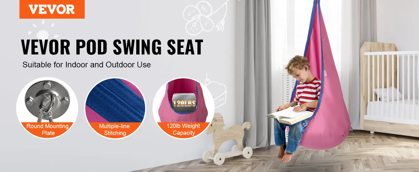 VEVOR kids pod swing seat for indoor and outdoor use, featuring 120lb weight capacity and sturdy installation.