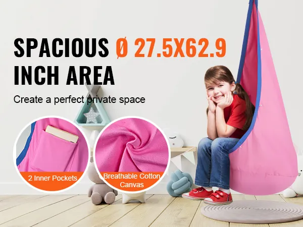VEVOR kids pod swing seat, spacious 27.5x62.9 inch area, pink with inner pockets, cotton canvas.