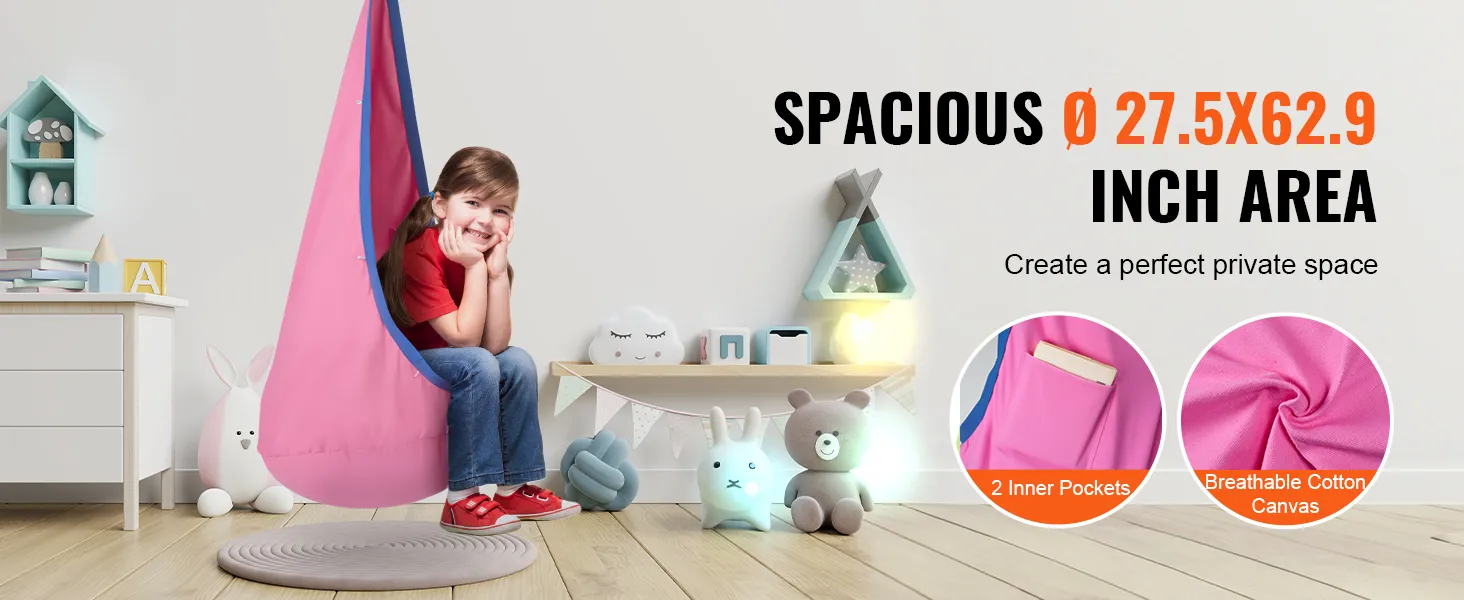 VEVOR kids pod swing seat, spacious 27.5x62.9 inch area, pink with inner pockets, cotton canvas.