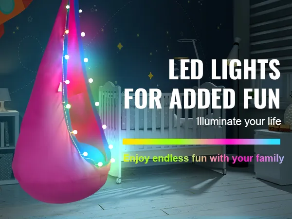 VEVOR kids pod swing seat in pink with colorful led lights, in a cozy, star-themed nursery.