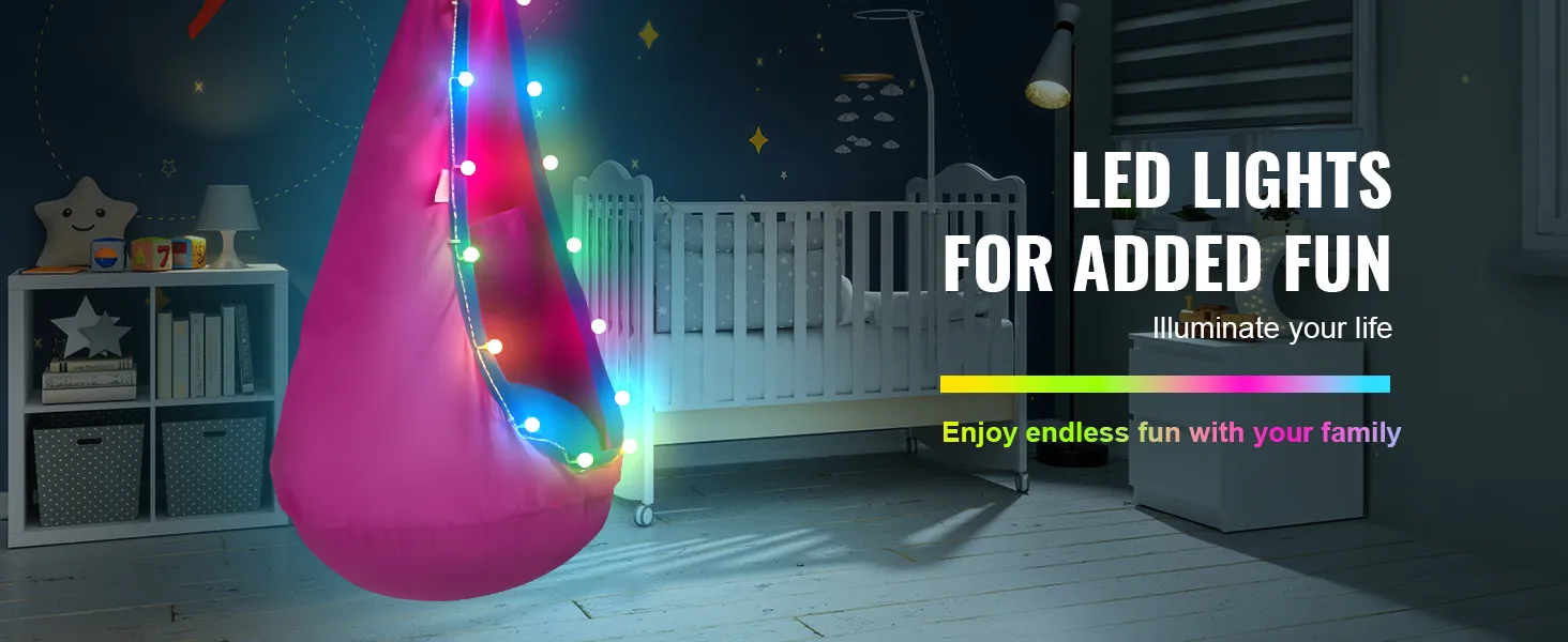 VEVOR kids pod swing seat in pink with colorful led lights, in a cozy, star-themed nursery.