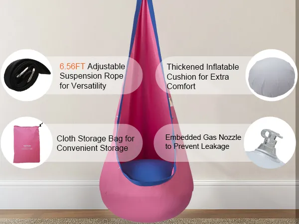 pink VEVOR kids pod swing seat with an adjustable suspension rope, storage bag, and thickened cushion.
