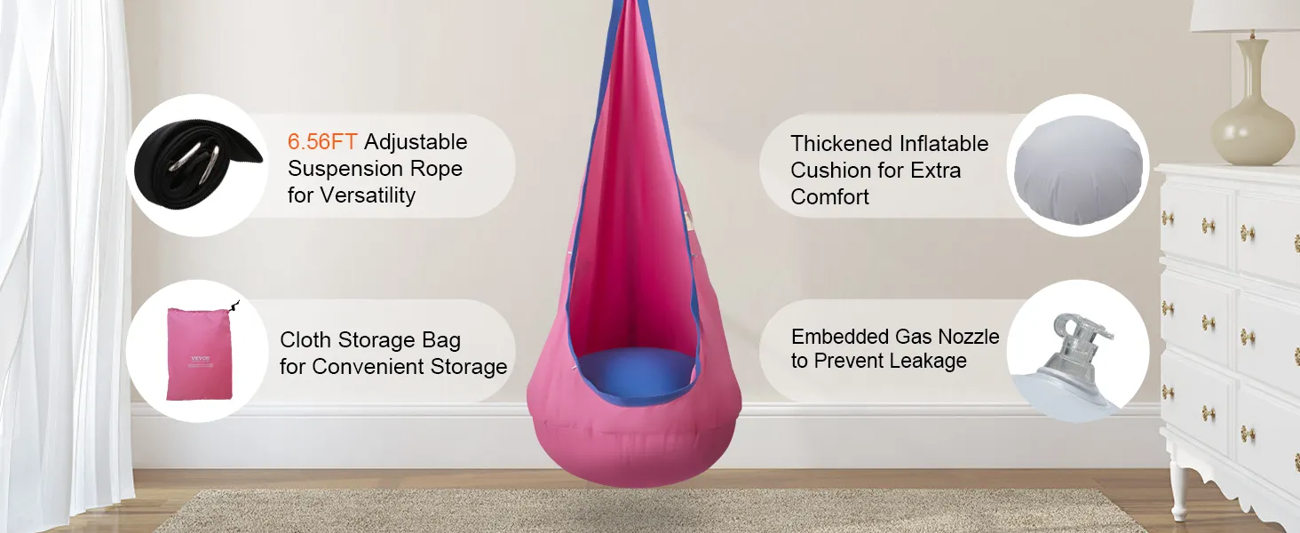 pink VEVOR kids pod swing seat with an adjustable suspension rope, storage bag, and thickened cushion.