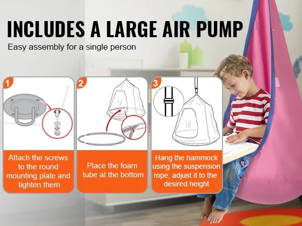 VEVOR kids pod swing seat with easy assembly steps and large air pump, ideal for children's playrooms.