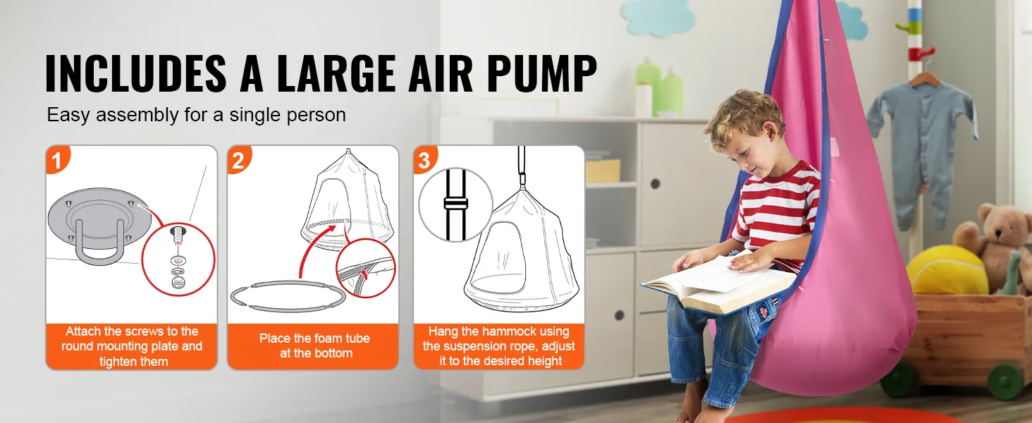 VEVOR kids pod swing seat with easy assembly steps and large air pump, ideal for children's playrooms.