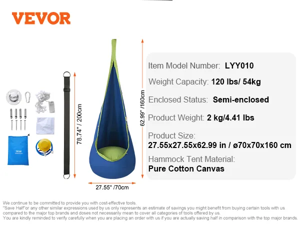 Dziecięca huśtawka VEVOR z zestawem montażowym, udźwig 120 funtów, 27,55 x 62,99 cala, płótno z czystej bawełny.