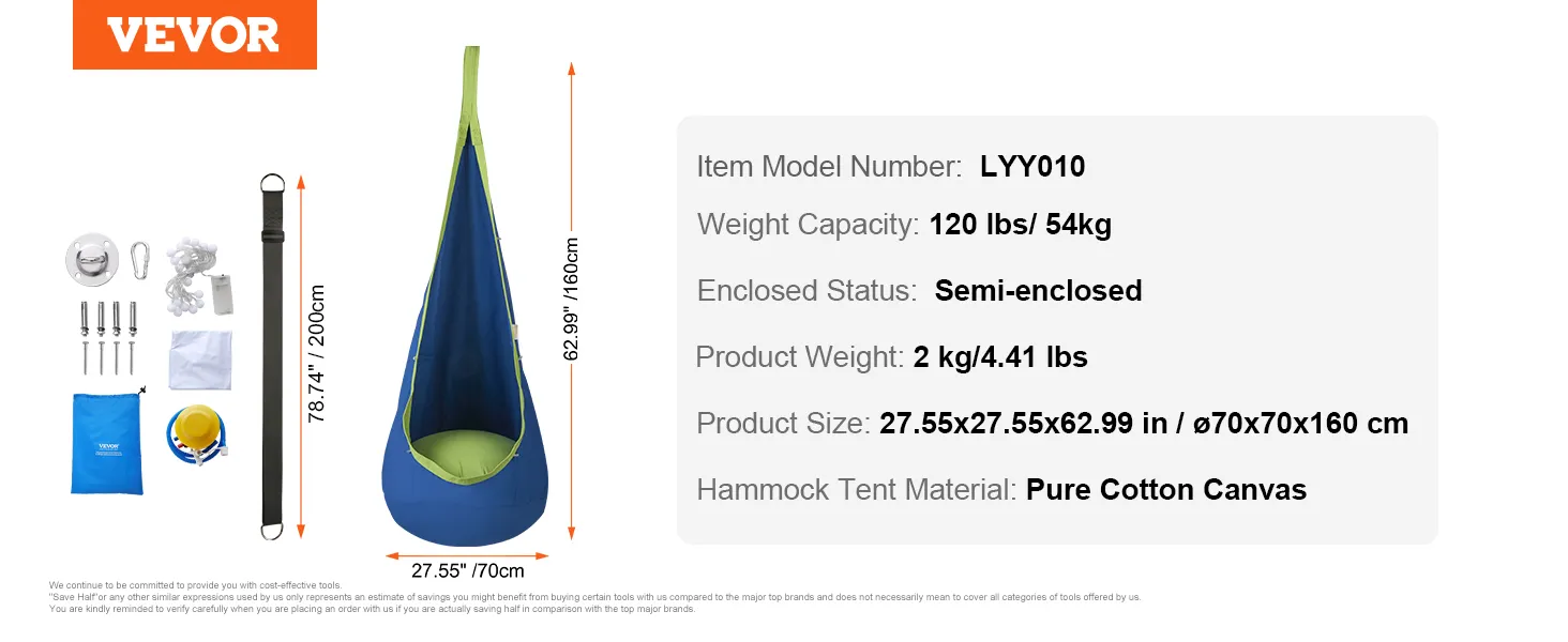 Dziecięca huśtawka VEVOR z zestawem montażowym, udźwig 120 funtów, 27,55 x 62,99 cala, płótno z czystej bawełny.