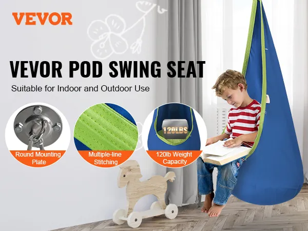 Dziecięca huśtawka VEVOR do użytku wewnątrz i na zewnątrz, wyposażona w okrągłą płytę montażową i trwałe przeszycia.