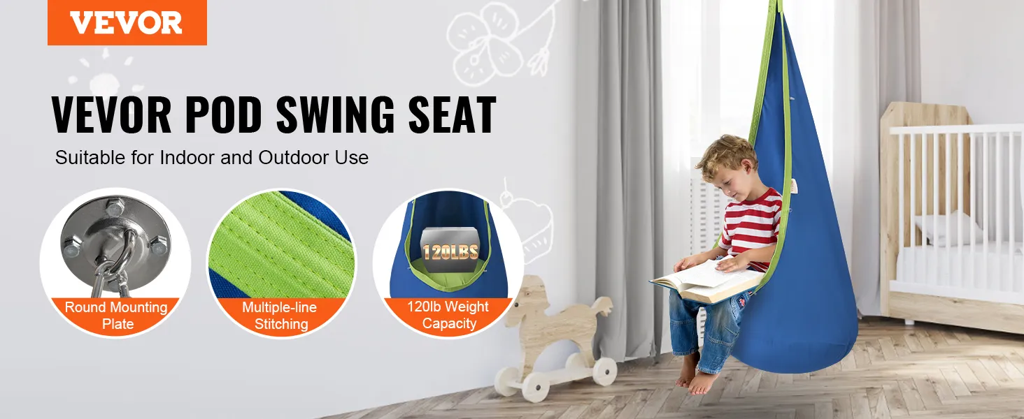Dziecięca huśtawka VEVOR do użytku wewnątrz i na zewnątrz, wyposażona w okrągłą płytę montażową i trwałe przeszycia.