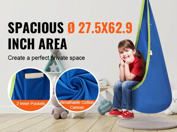 Dziecięca huśtawka VEVOR w kolorze niebieskim, o wymiarach 27,5 x 62,9 cala, z 2 wewnętrznymi kieszeniami i przewiewnym płótnem bawełnianym.