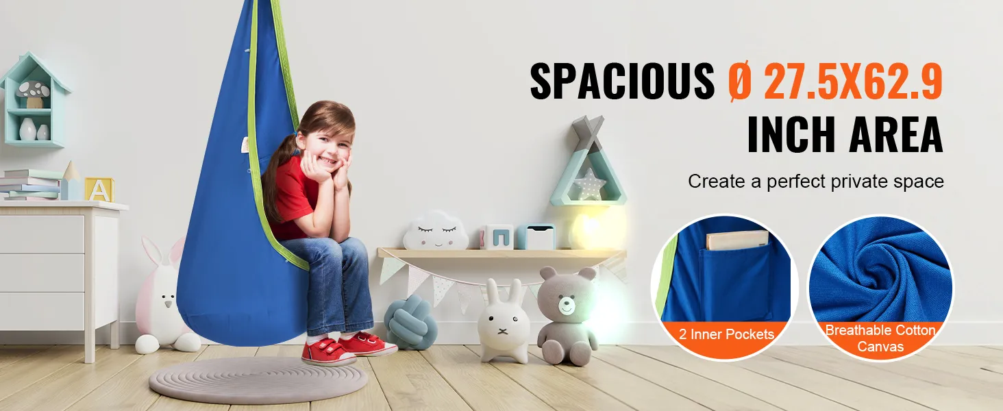 Dziecięca huśtawka VEVOR w kolorze niebieskim, o wymiarach 27,5 x 62,9 cala, z 2 wewnętrznymi kieszeniami i przewiewnym płótnem bawełnianym.