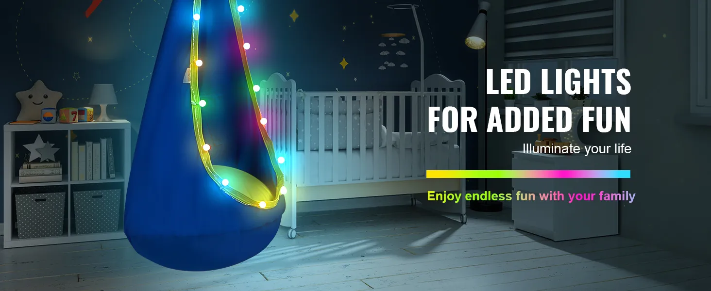 kolorowa, podświetlana diodami LED huśtawka dla dzieci VEVOR w przytulnym pokoju dziecięcym z motywem gwiazd, obok łóżeczka i półek.