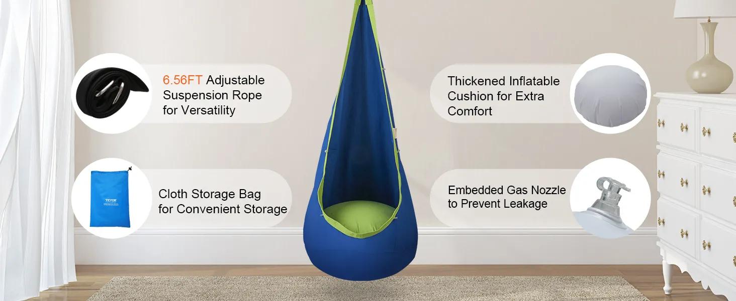 Dziecięca huśtawka VEVOR z regulowaną liną, torbą do przechowywania, nadmuchiwaną poduszką i dyszą gazową.