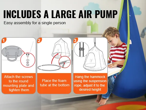Dziecięca huśtawka VEVOR jest wyposażona w dużą pompkę powietrza i łatwą instrukcję montażu umożliwiającą rozstawienie jej przez jedną osobę.