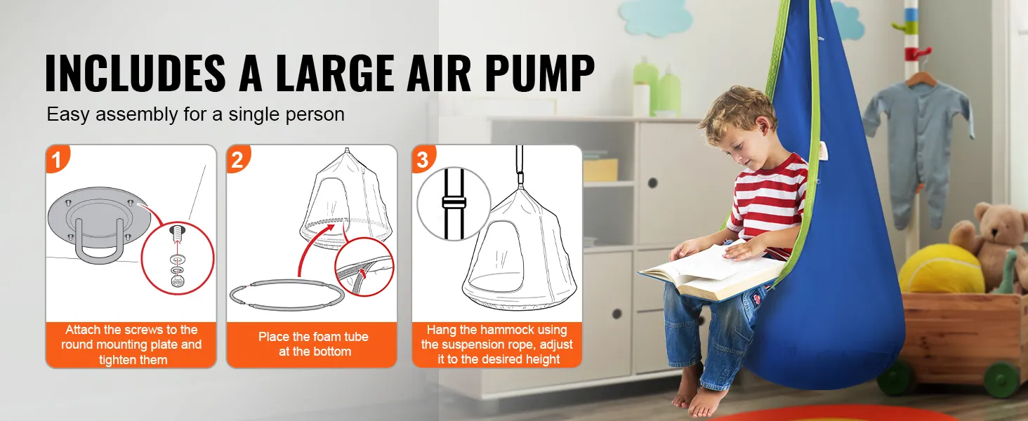 Dziecięca huśtawka VEVOR jest wyposażona w dużą pompkę powietrza i łatwą instrukcję montażu umożliwiającą rozstawienie jej przez jedną osobę.