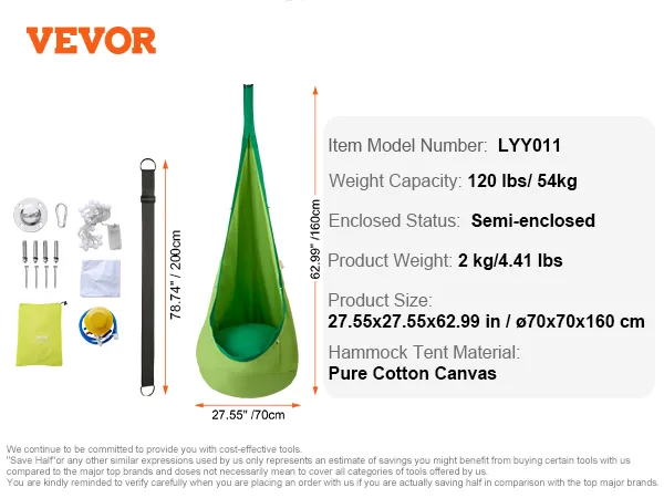 zielona huśtawka dla dzieci VEVOR, 70x160 cm, czysta bawełna, udźwig 120 funtów, półzamknięta, w zestawie zestaw montażowy.
