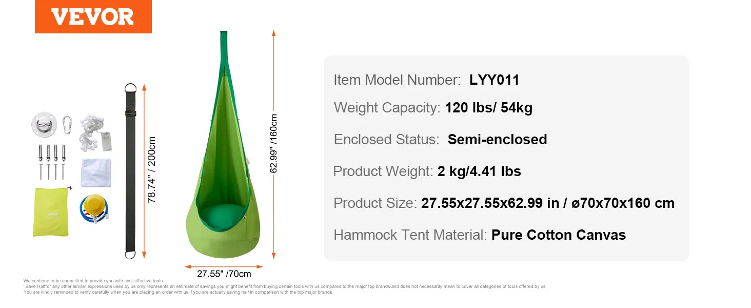zielona huśtawka dla dzieci VEVOR, 70x160 cm, czysta bawełna, udźwig 120 funtów, półzamknięta, w zestawie zestaw montażowy.