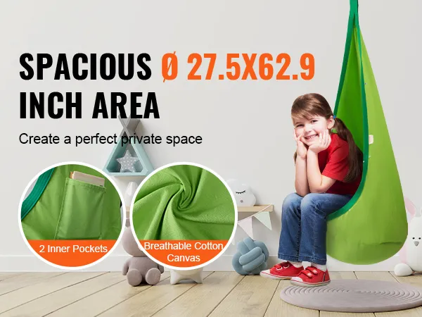 dziecko siedzi w huśtawce dziecięcej VEVOR z kieszeniami wewnętrznymi i przewiewnym płótnem bawełnianym, idealnej do bawialni.