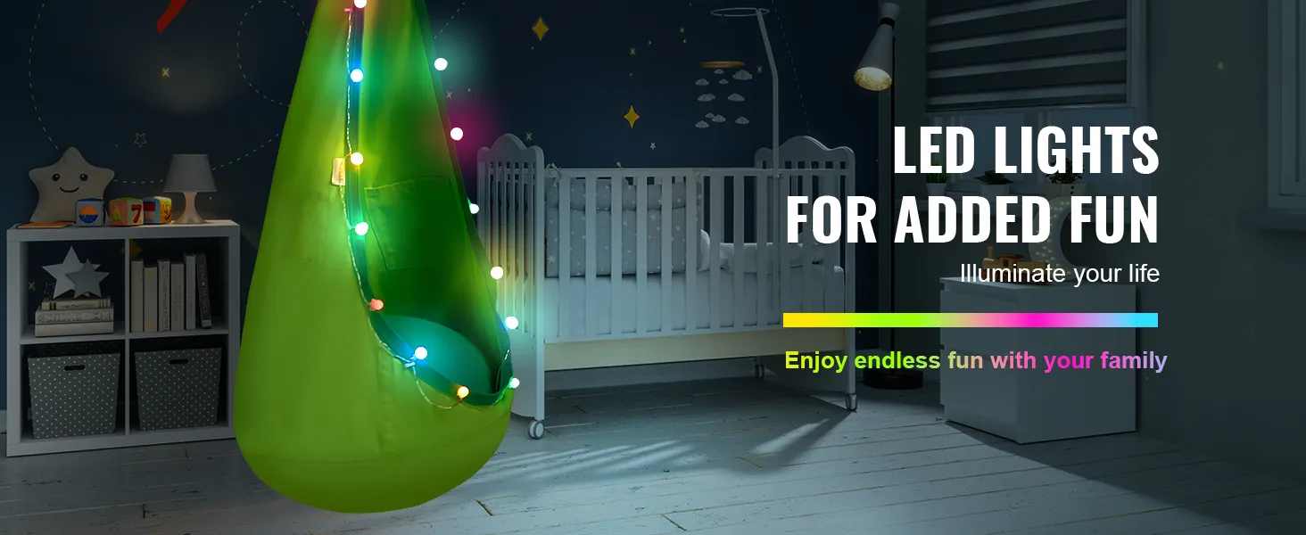 Dziecięca huśtawka VEVOR z oświetleniem LED zapewnia dodatkową radość w przytulnym pokoju dziecięcym.