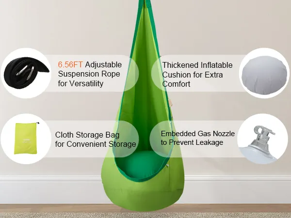 zielone siedzisko dziecięcej huśtawki VEVOR z regulowaną liną o długości 6,56 stopy, pogrubioną poduszką, torbą do przechowywania i dyszą gazową.
