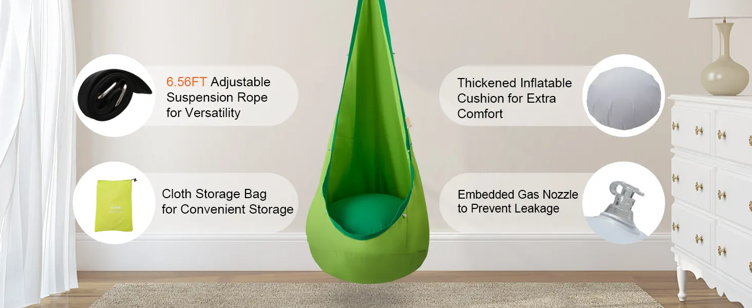 zielone siedzisko dziecięcej huśtawki VEVOR z regulowaną liną o długości 6,56 stopy, pogrubioną poduszką, torbą do przechowywania i dyszą gazową.