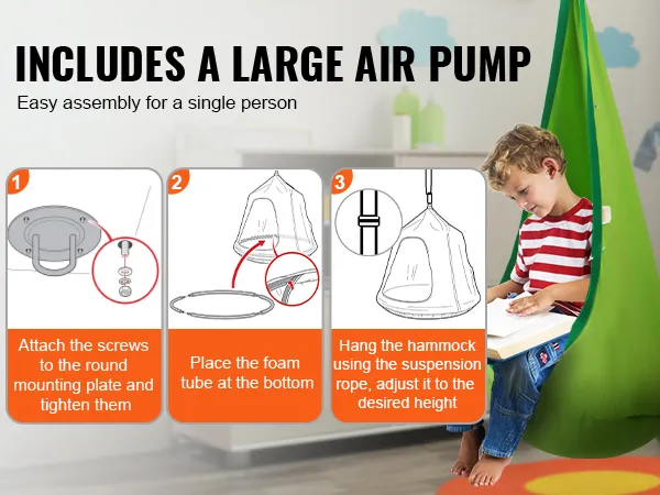 Dziecięca huśtawka VEVOR z pompką, łatwy montaż, dziecko czytające w zielonym fotelu hamakowym.