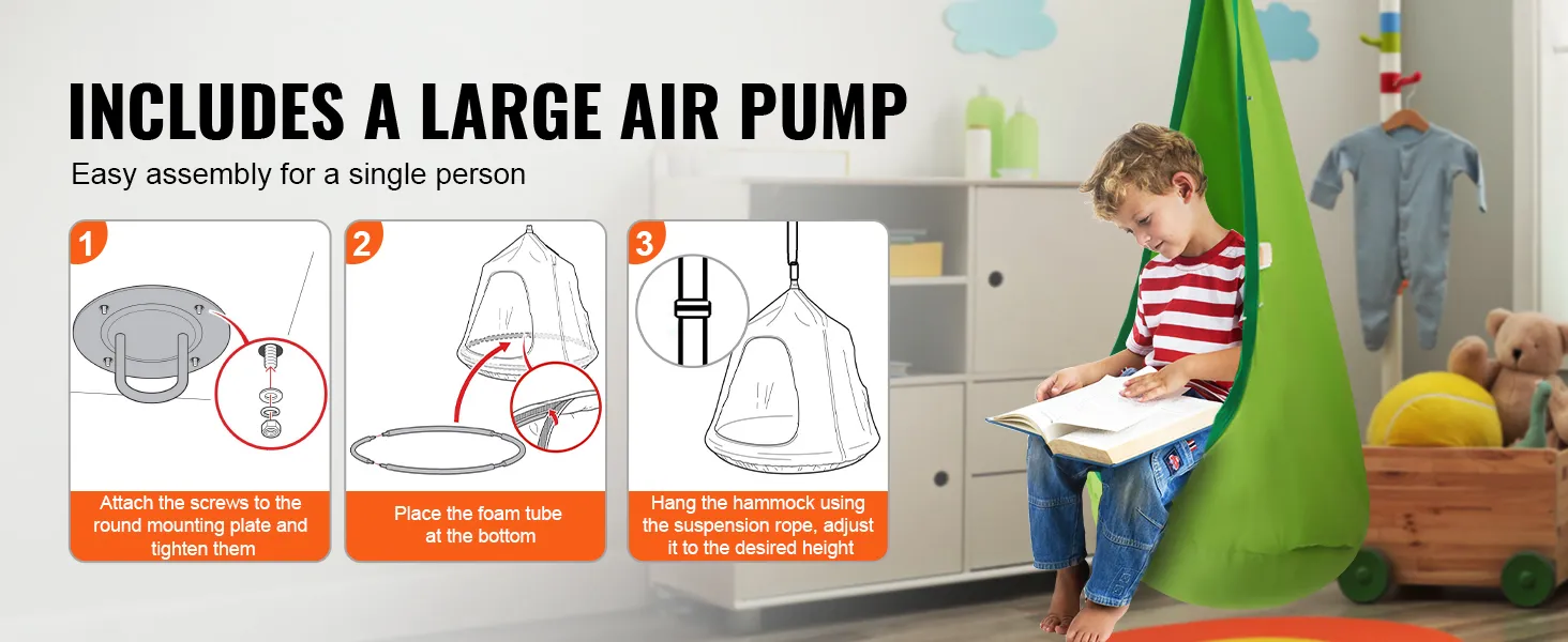 Dziecięca huśtawka VEVOR z pompką, łatwy montaż, dziecko czytające w zielonym fotelu hamakowym.