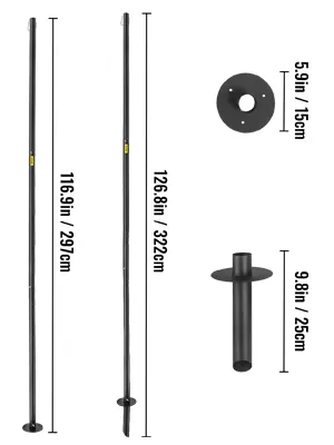 VEVOR string light poles with dimensions: 116.9in and 126.8in, base diameter 5.9in.