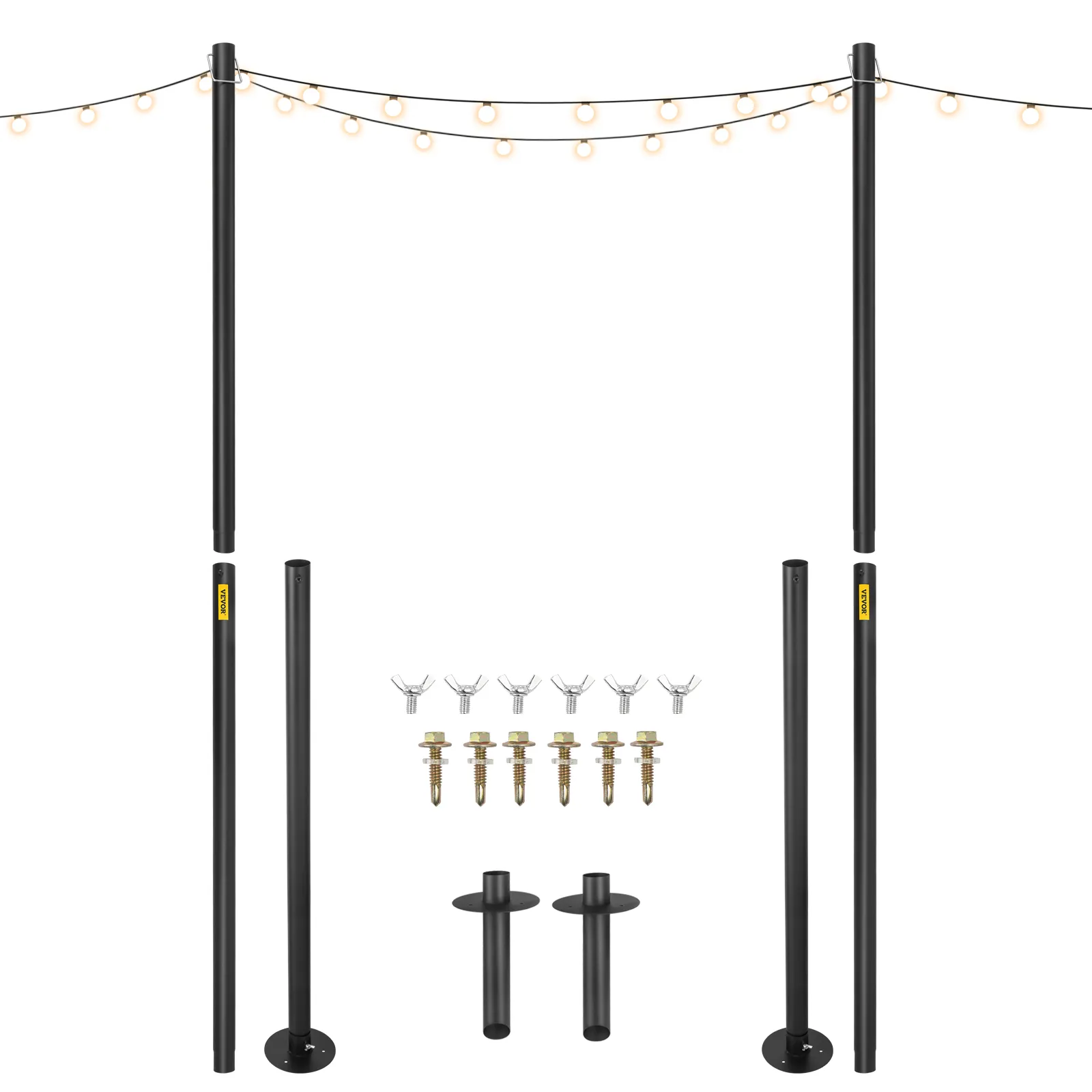 VEVOR string light poles with installation hardware and string lights setup.