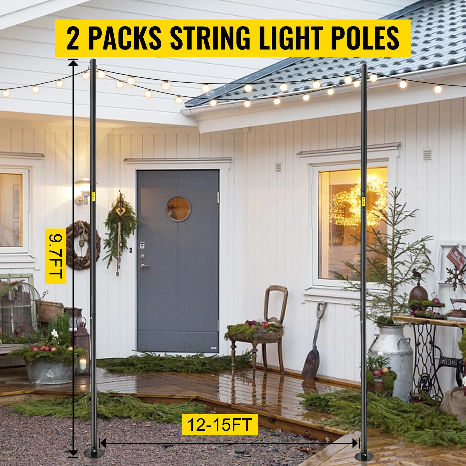 VEVOR string light poles on a patio with lights, measuring 9.7ft tall and 12-15ft wide.