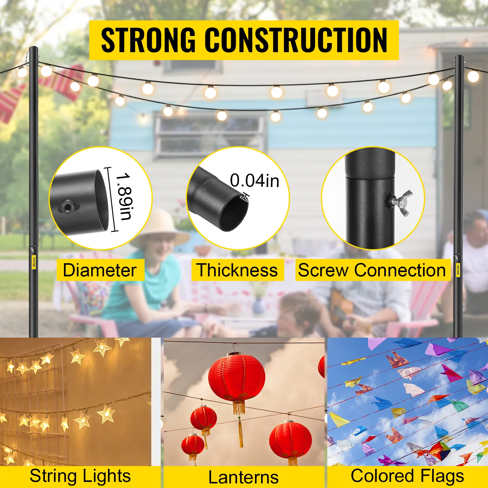 VEVOR string light poles: strong construction, 1.89in diameter, 0.04in thickness, screw connection.