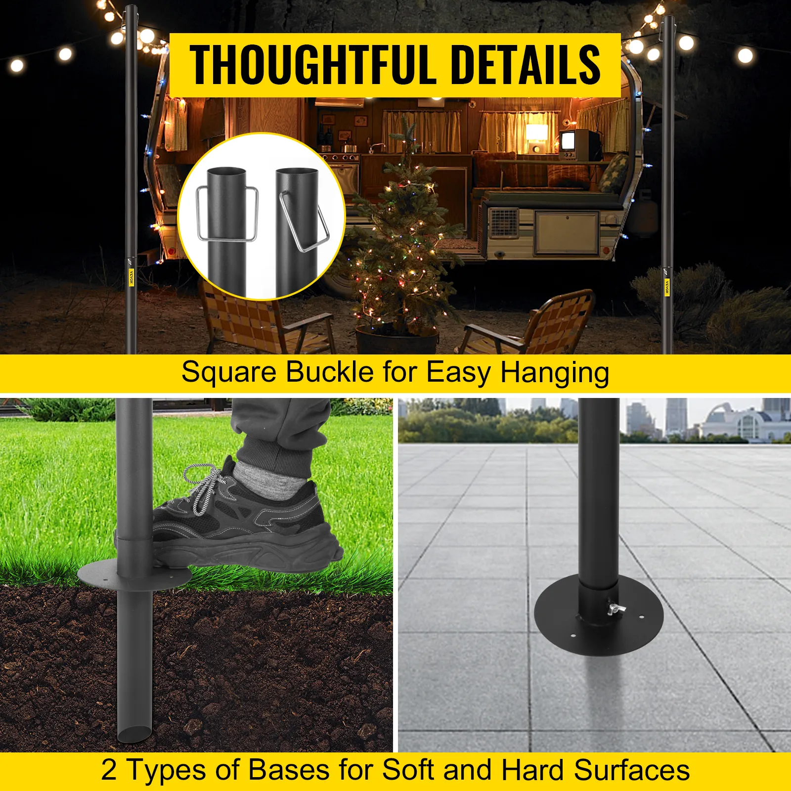 VEVOR string light poles: easy-hang square buckle, two bases for any surface.