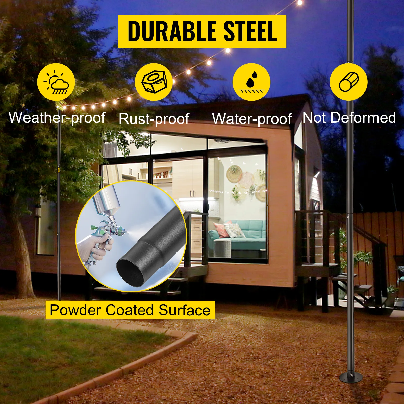VEVOR string light poles: durable steel, weather-proof, rust-proof, and water-proof.