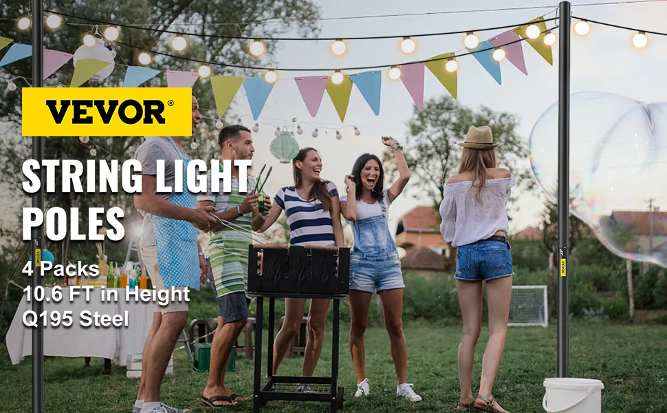 Zewnętrzne maszty oświetleniowe VEVOR w otoczeniu kolorowych flag i świateł na przyjęciach ogrodowych.