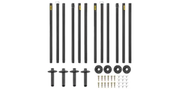 Zewnętrzne słupy oświetleniowe VEVOR z osprzętem montażowym i śrubami.