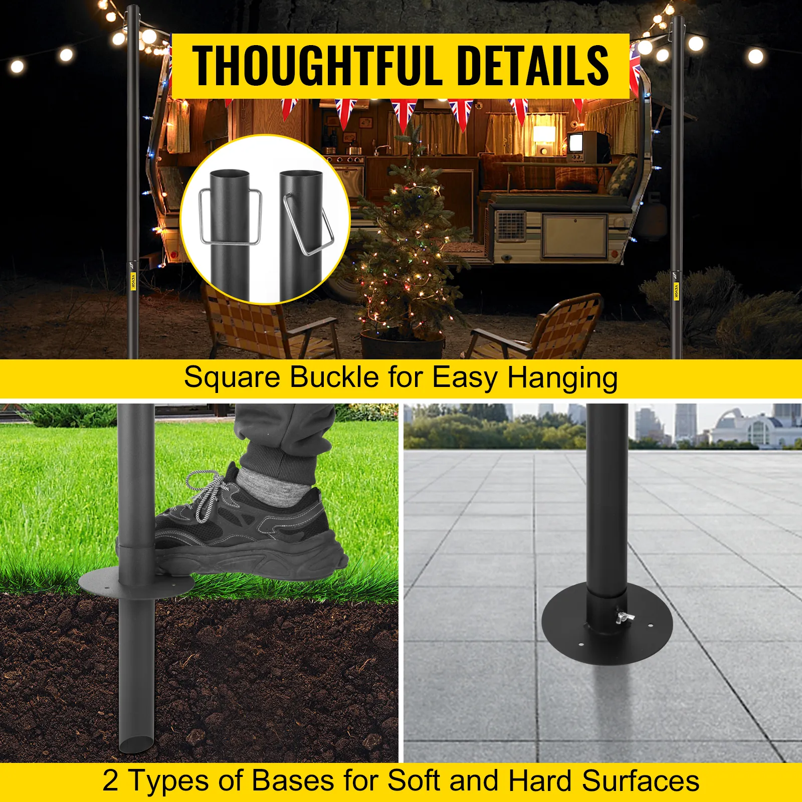 Zewnętrzne słupy oświetleniowe VEVOR z kwadratową klamrą i podstawą o miękkiej/twardej powierzchni.