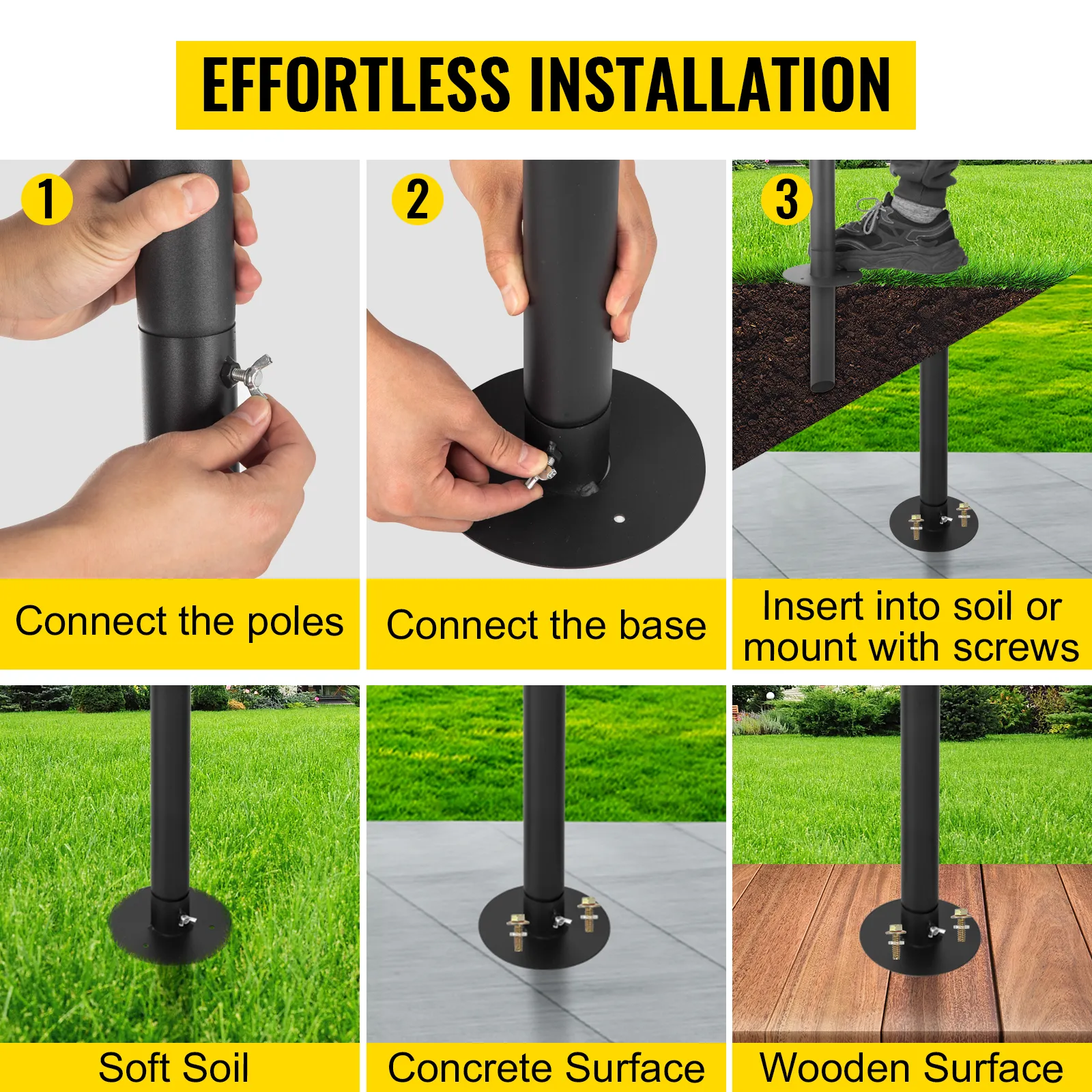 łatwa instalacja zewnętrznych słupów oświetleniowych VEVOR na różnych powierzchniach.