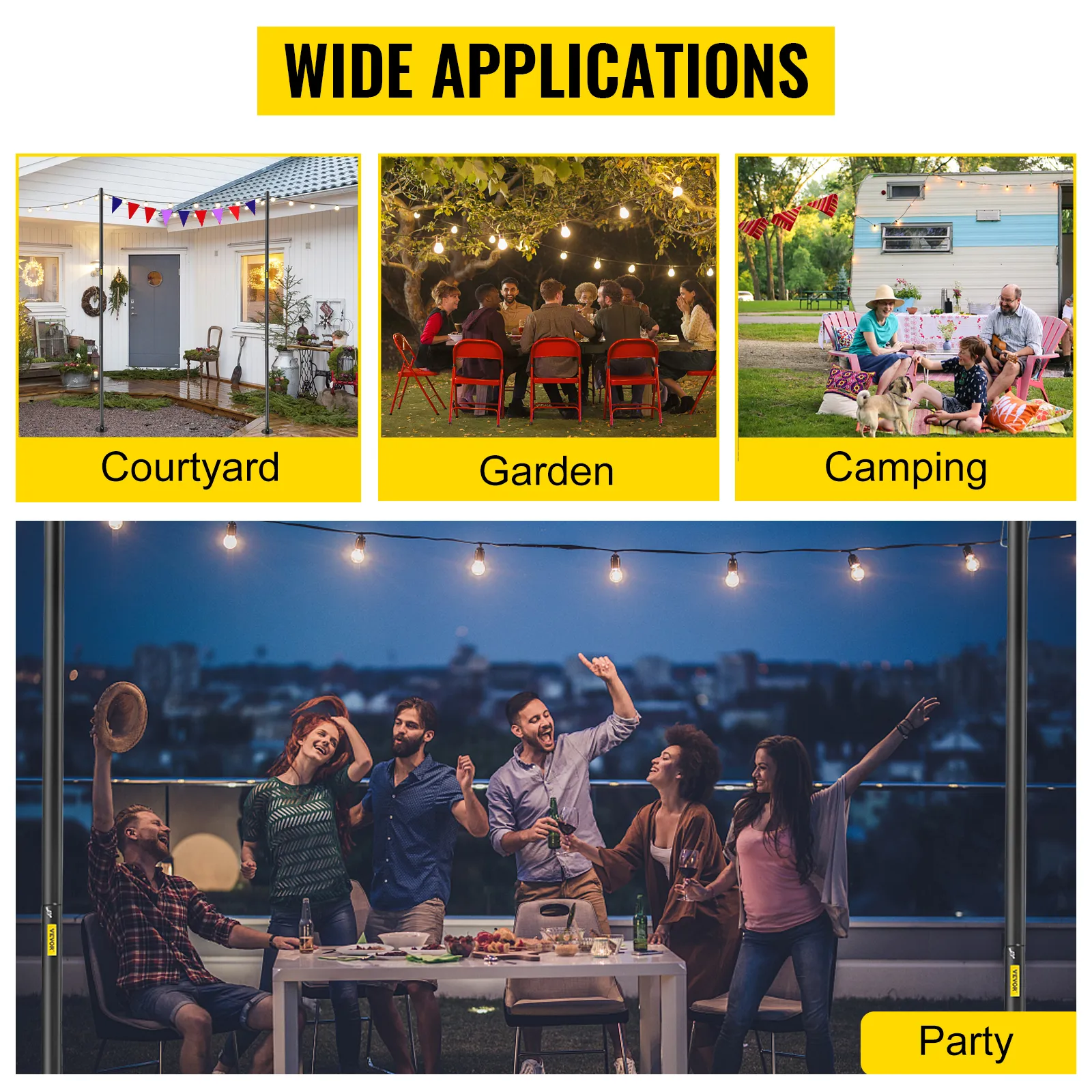 Zewnętrzne latarnie ogrodowe VEVOR do użytku na podwórku, w ogrodzie, na kempingu i na imprezach. Szerokie zastosowanie.