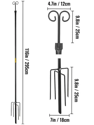 Postes de luces de cadena VEVOR: 116 pulgadas de alto, 4,7 pulgadas de ancho, base de 7 pulgadas. Negro con ganchos.