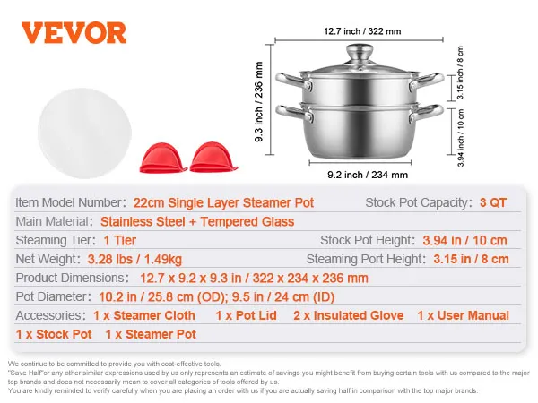 VEVOR Dampftopf mit 22 cm Edelstahl-Einzelschicht, 9,3 x 12,7 Zoll, 3 qt Fassungsvermögen und Zubehör.