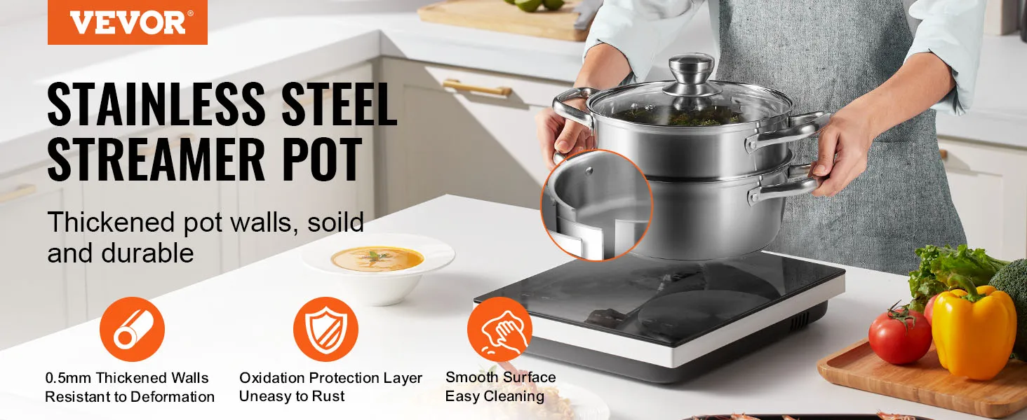 VEVOR Dampftopf, Edelstahl, verdickte Wände, langlebig, leicht zu reinigen, rostfrei, Küchenszene.