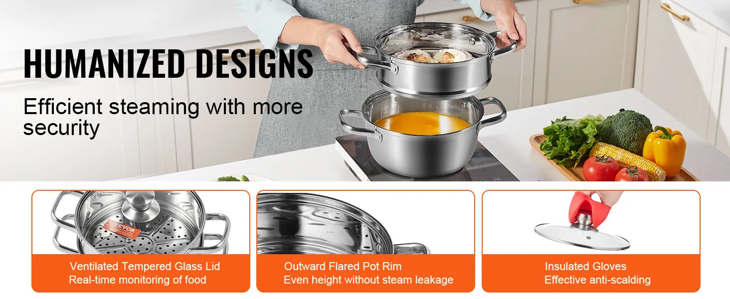 Person verwendet einen VEVOR-Dampftopf mit Deckel aus gehärtetem Glas und dämpft Essen über einer Suppe, Gemüse auf der Theke.