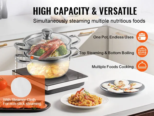 VEVOR steamer pot steaming seafood and vegetables in a modern kitchen with versatility and high capacity.