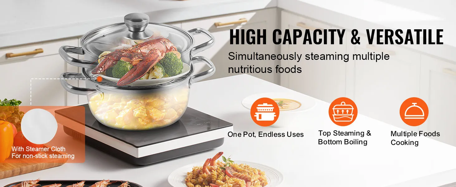 VEVOR steamer pot steaming seafood and vegetables in a modern kitchen with versatility and high capacity.