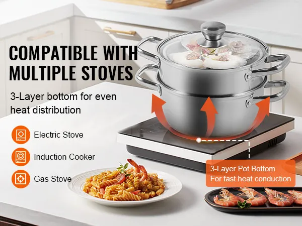 VEVOR steamer pot with 3-layer bottom for even heat on electric, induction, and gas stoves.
