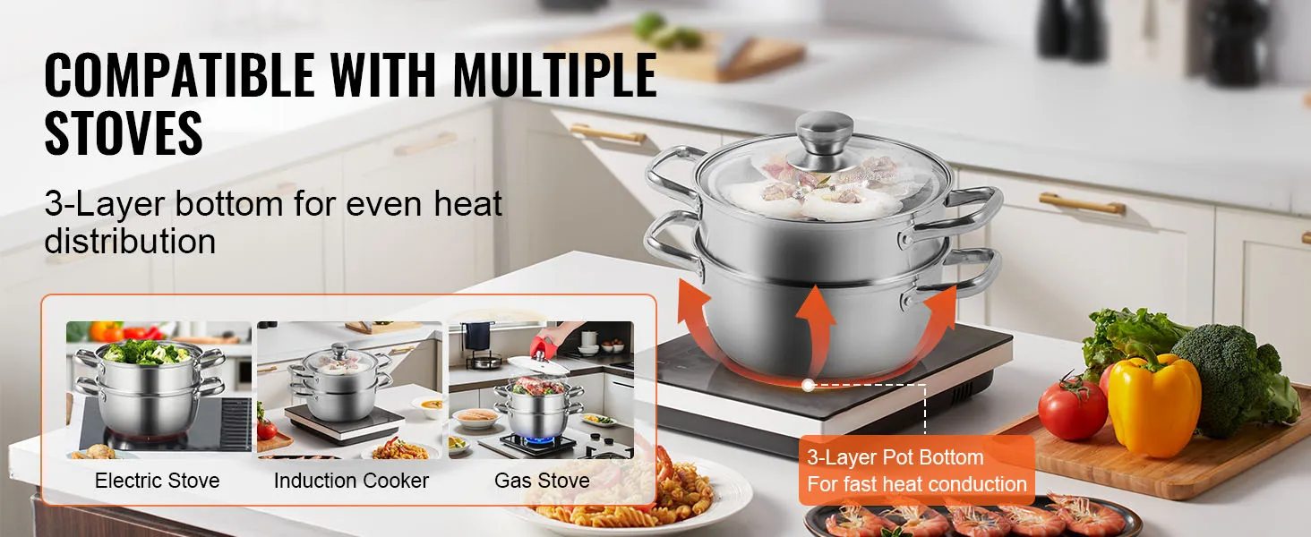 VEVOR steamer pot with 3-layer bottom for even heat on electric, induction, and gas stoves.