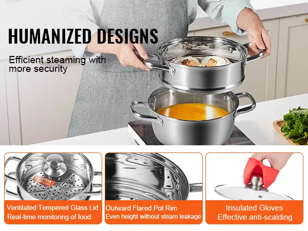 person using VEVOR steamer pot with ventilated glass lid, insulated gloves, and ingredients in kitchen.