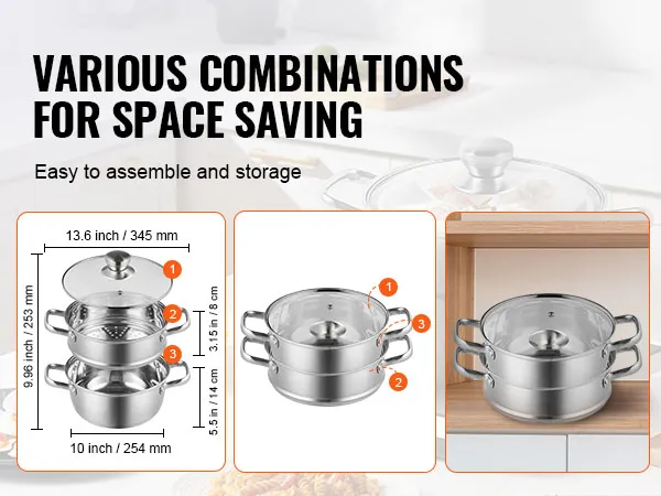 various combinations of VEVOR steamer pot for space-saving and easy assembly, dimensions highlighted.